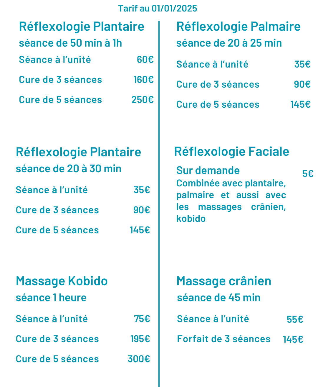 tarifs réflexologie plantaire massage crânien kobido chevry-cossigny cécile marc